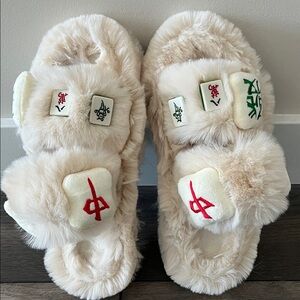 Plush Cream Mahjong Slippers